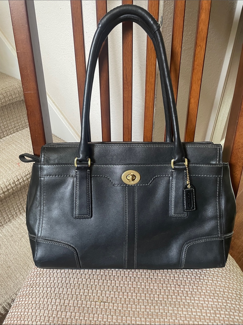 Coach Black Leather Shoulder Tote with Gold Turnlock